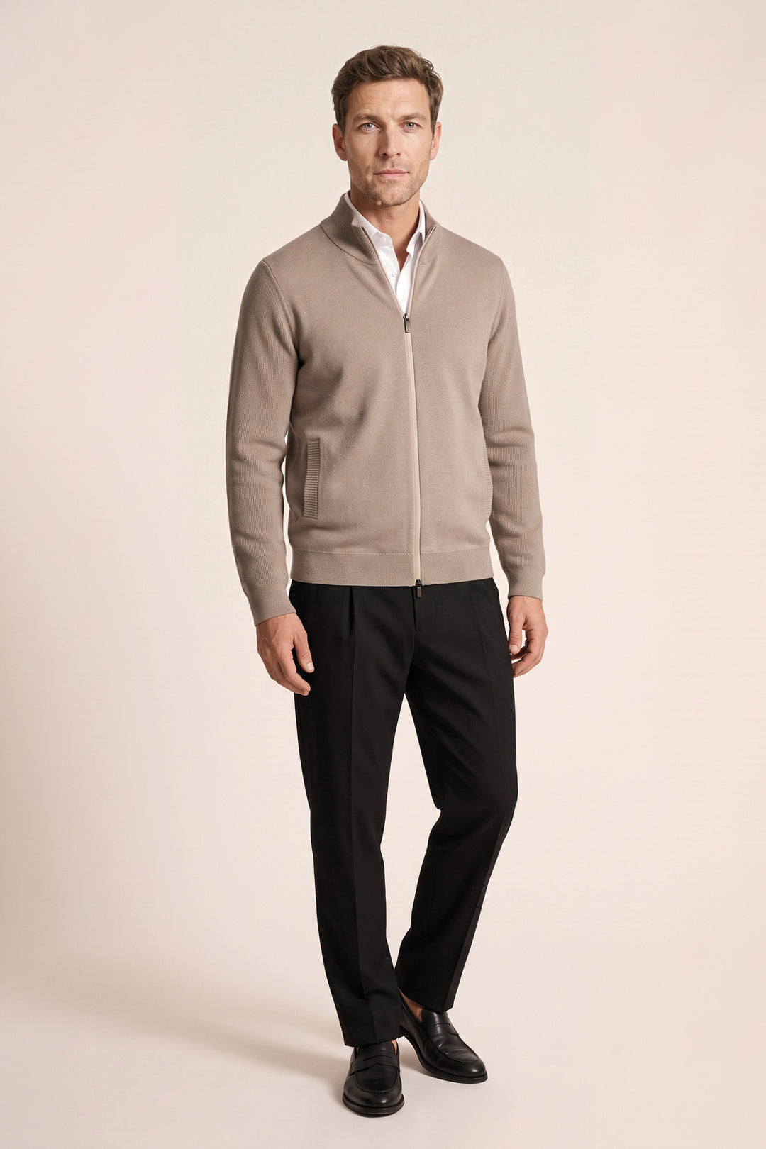 Merino Vest met 2-Way Rits - Beige