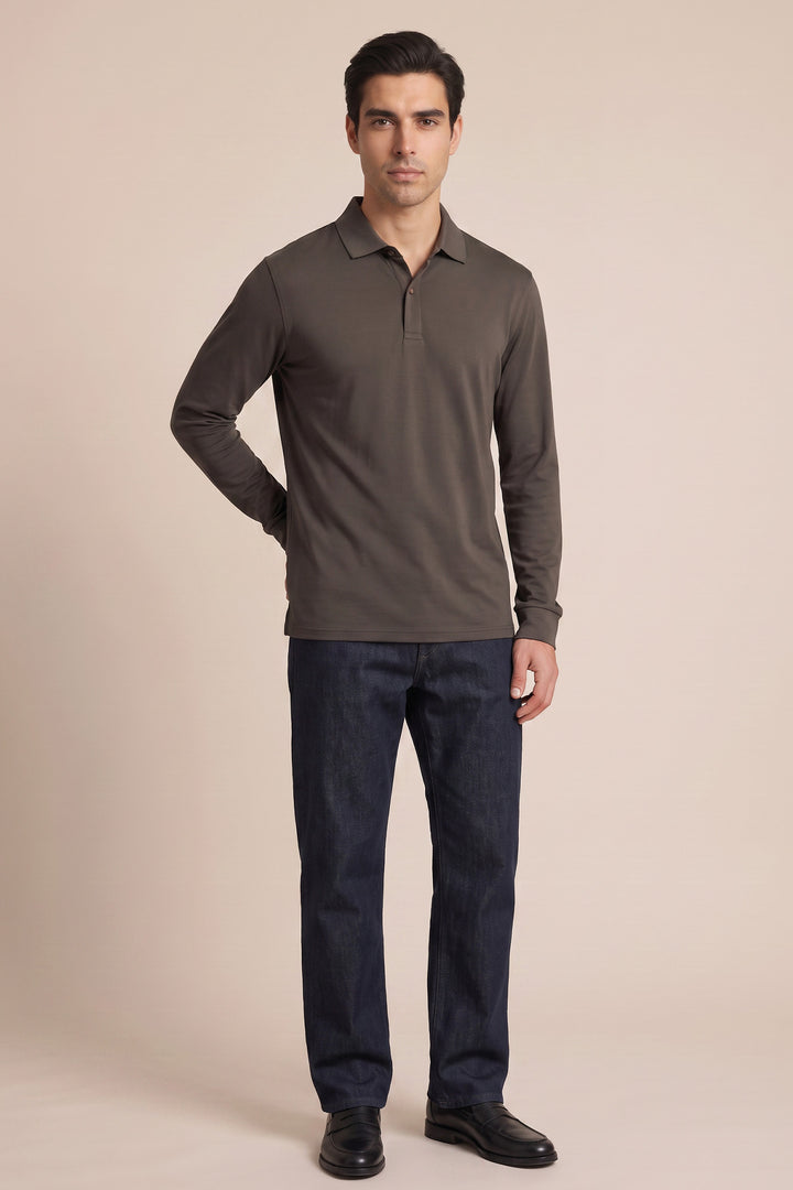 Liquid Cotton Longsleeve Poloshirt - Bruin