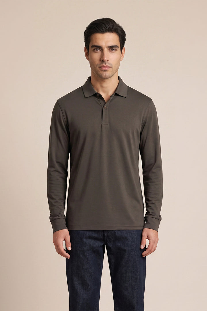 Liquid Cotton Longsleeve Poloshirt - Bruin