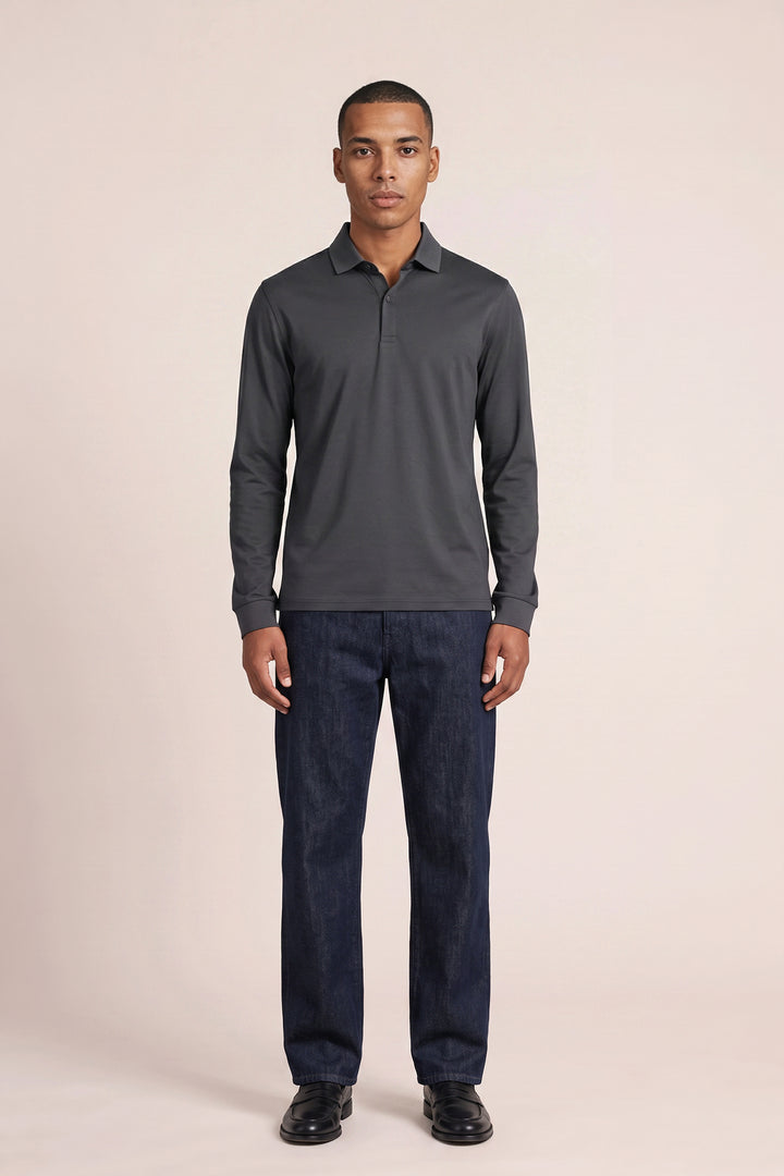 Liquid Cotton Longsleeve Poloshirt - Donkergrijs