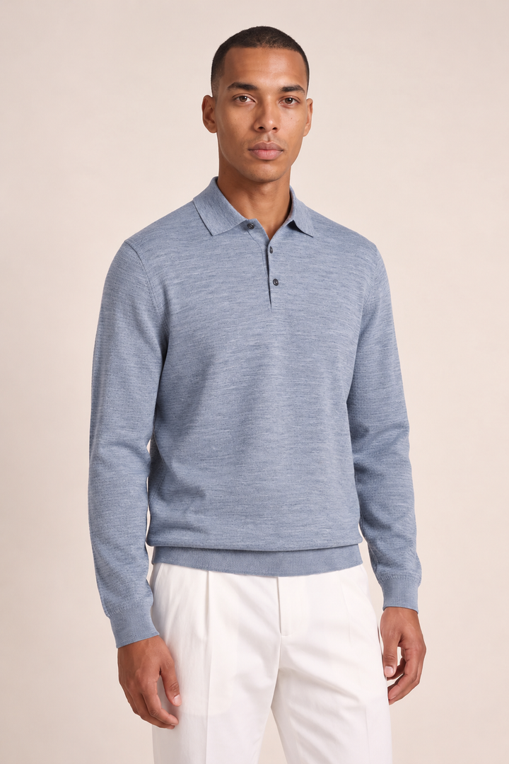Merino Polo Pullover - Lichtblauw