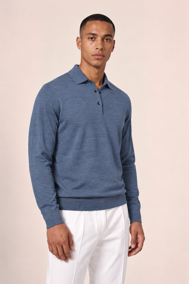 Merino Polo Pullover - Blauw