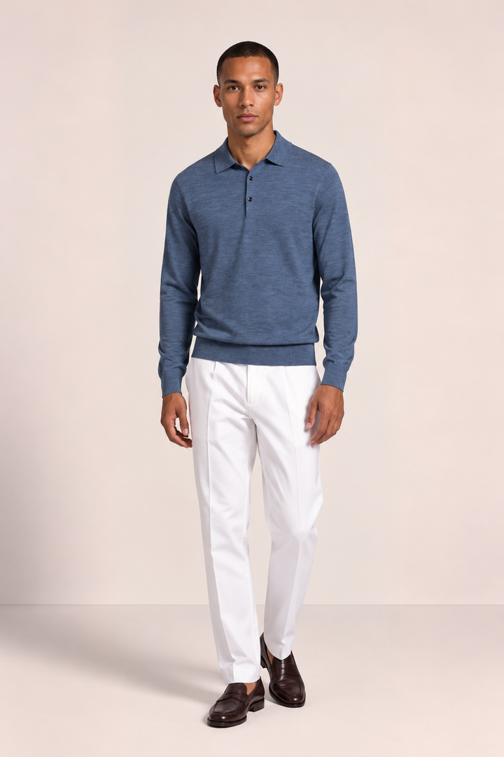 Merino Polo Pullover - Blauw