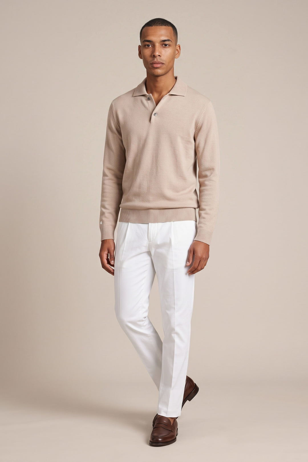 Merino Trui met Polokraag - Beige