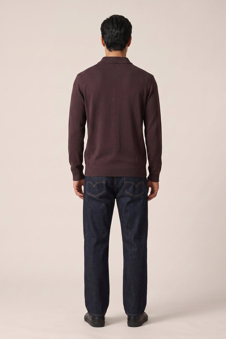 Merino Jumper with Polo Collar - Purple