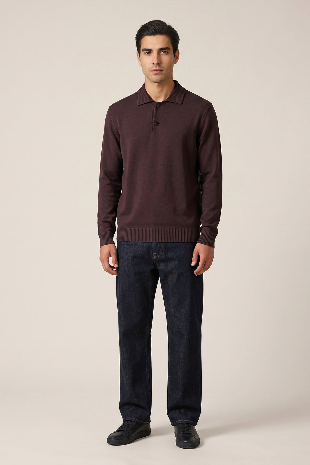 Merino Jumper with Polo Collar - Purple