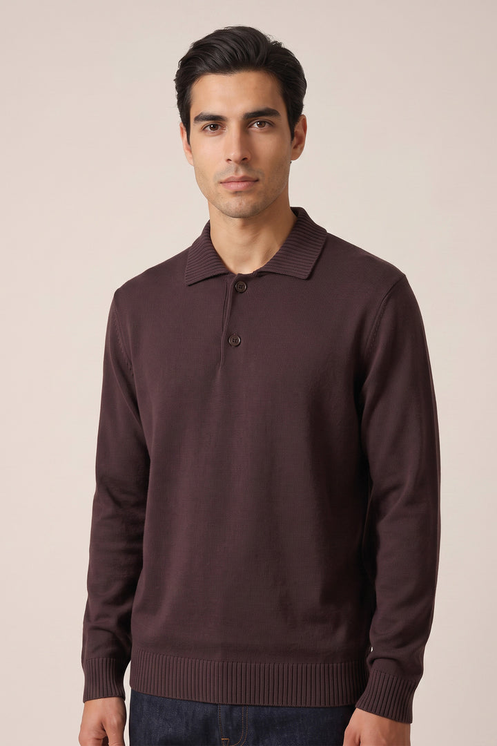 Merino Jumper with Polo Collar - Purple