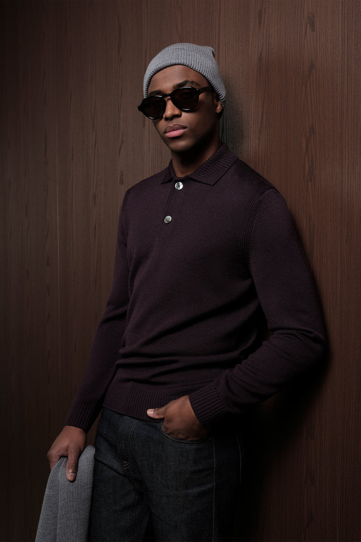Merino Jumper with Polo Collar - Purple