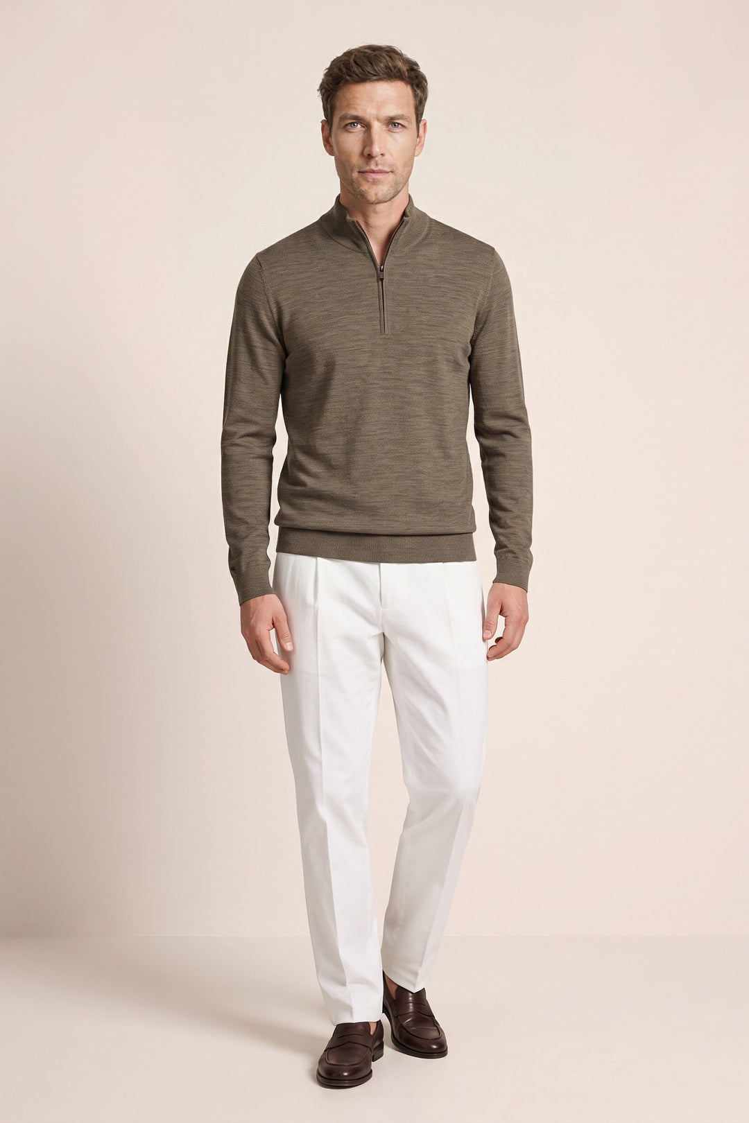 Merino Half Zip Pullover - Light Brown
