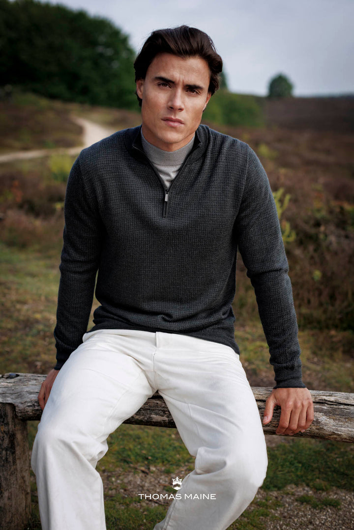 Merino Jacquard Half Zip Pullover - Groen