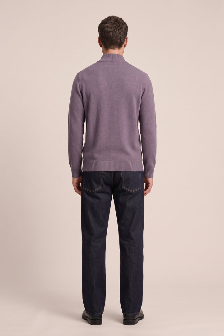 Lamswollen Half-Zip Trui met Knopen - Paars