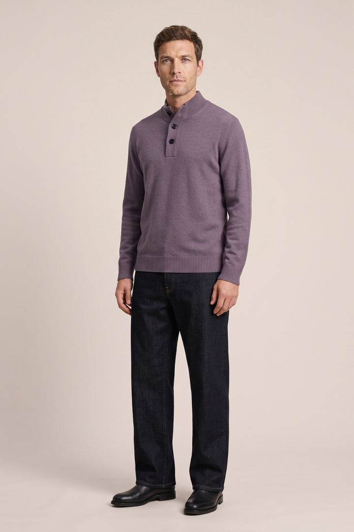 Lamswollen Half-Zip Trui met Knopen - Paars