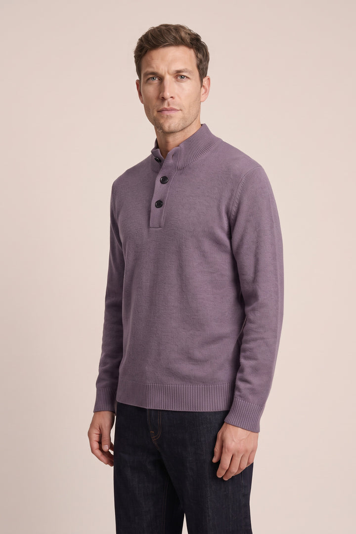 Lamswollen Half-Zip Trui met Knopen - Paars