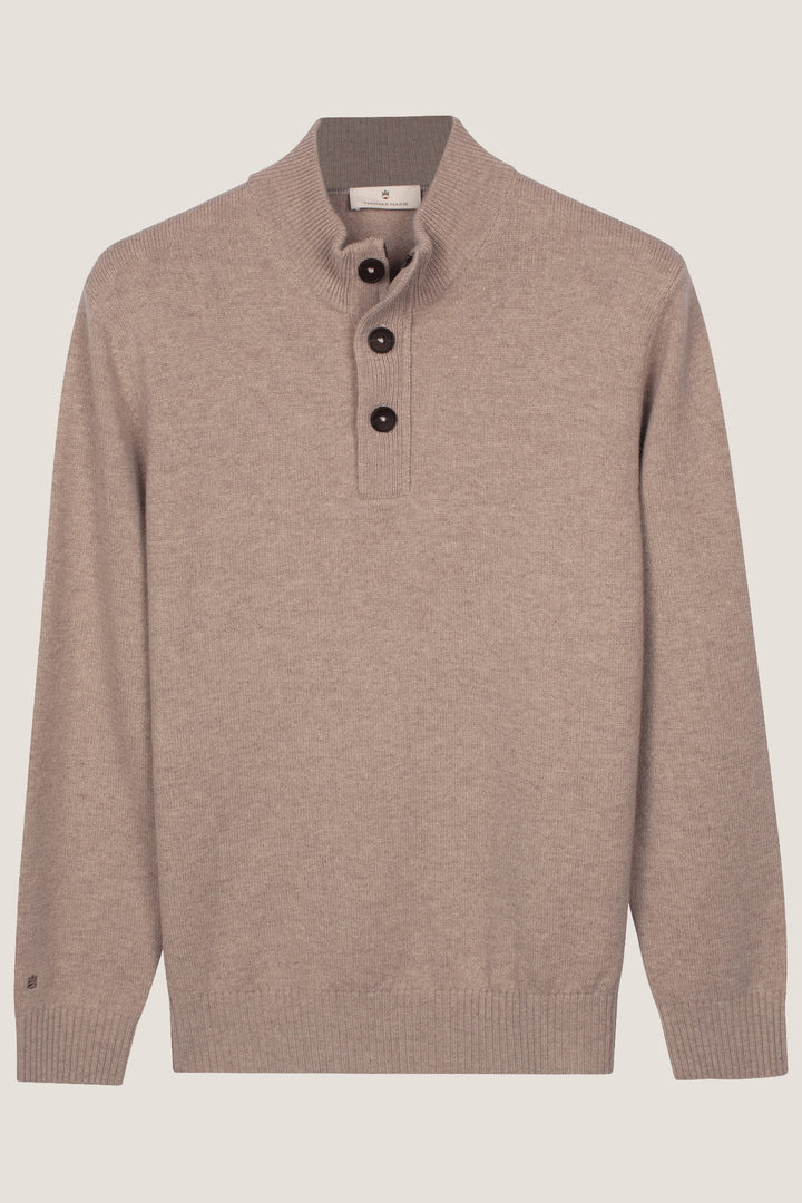 Lambswool Half-Zip Sweater with Buttons - Brown