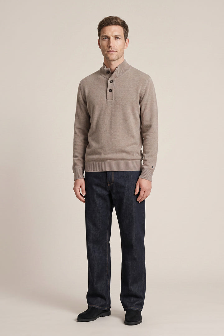 Lambswool Half-Zip Sweater with Buttons - Brown