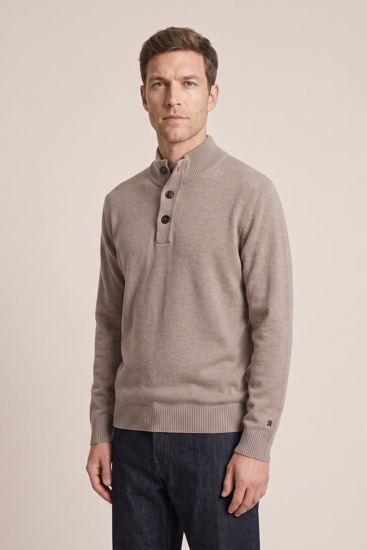 Lambswool Half-Zip Sweater with Buttons - Brown