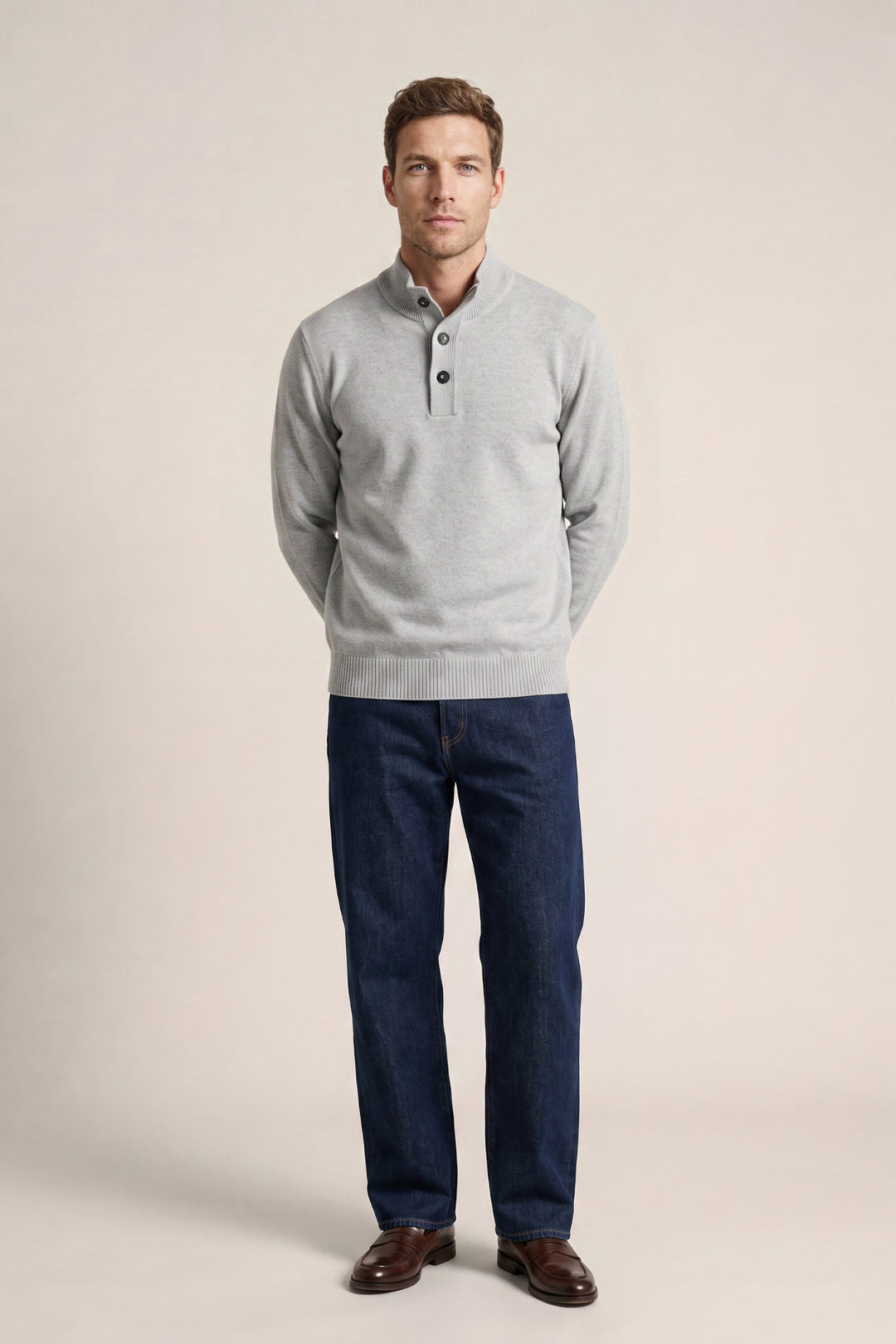 Lamswollen Half-Zip Trui met Knopen - Grijs