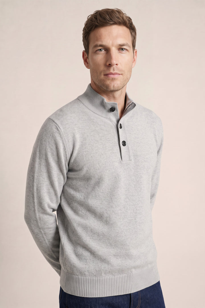 Lamswollen Half-Zip Trui met Knopen - Grijs