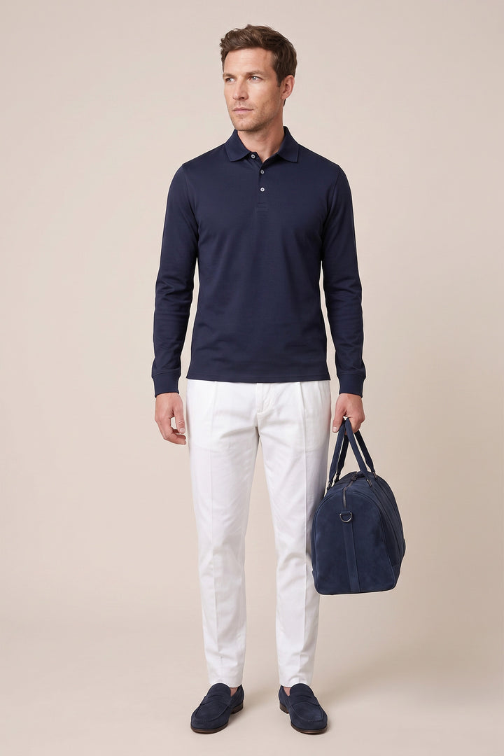 Liquid Cotton Long-sleeve Polo - Navy
