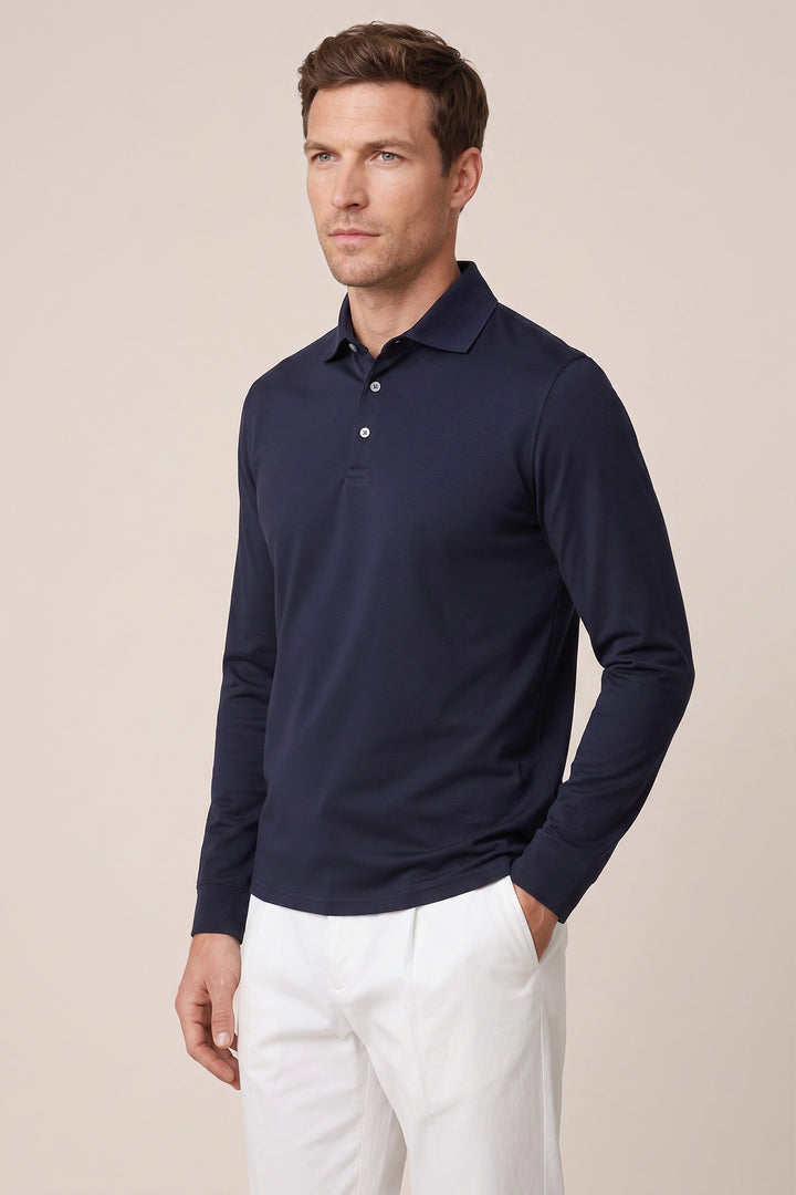 Liquid Cotton Long-sleeve Polo - Navy