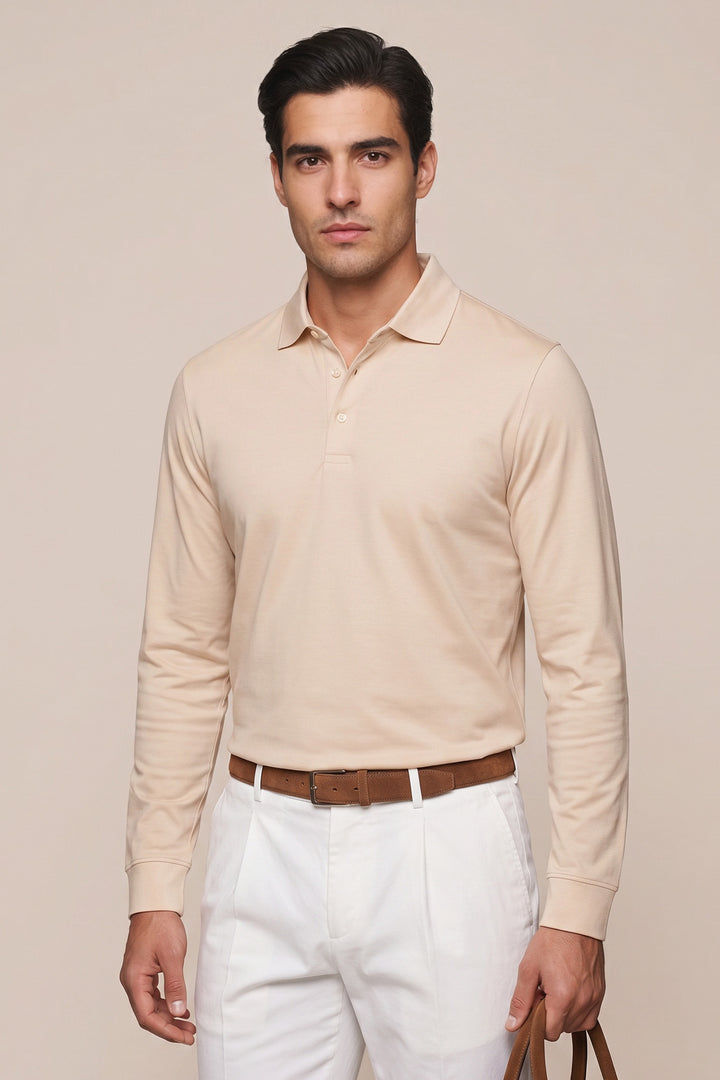 Liquid Cotton Long Sleeve Polo - Beige