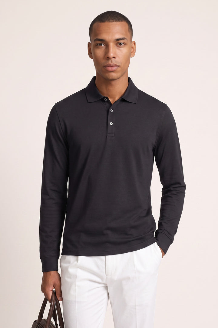 Liquid Cotton Long Sleeve Polo - Black