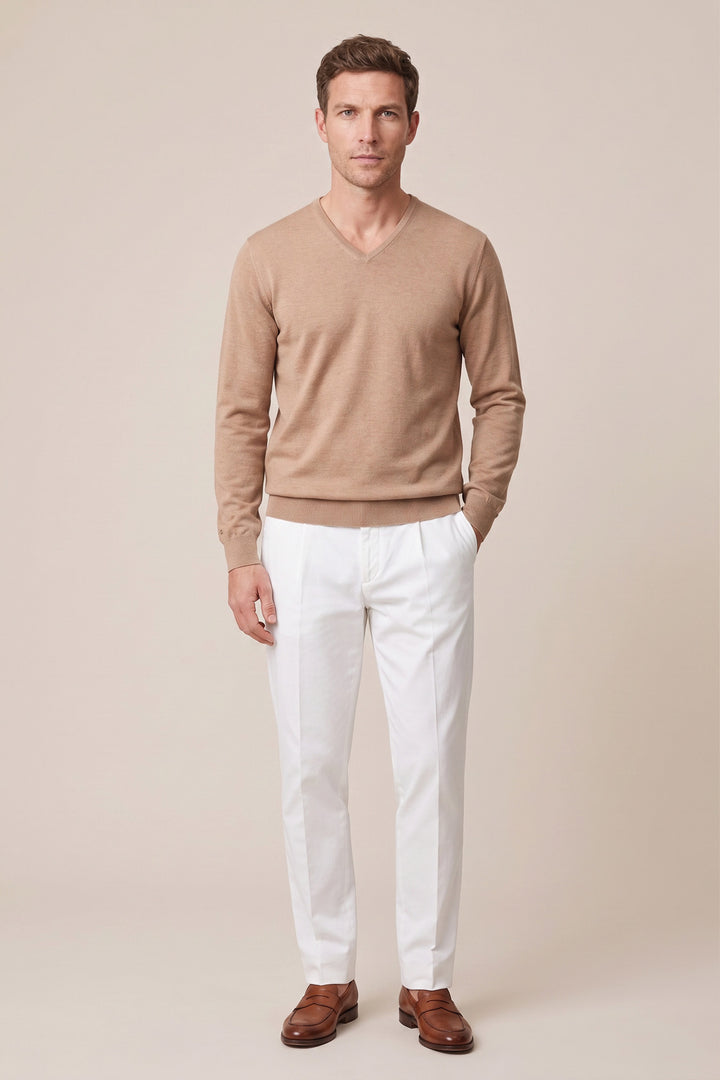 Merino V-neck Pullover - Beige