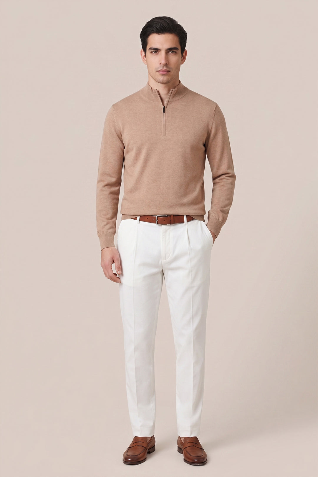 Merino Half Zip Pullover - Beige