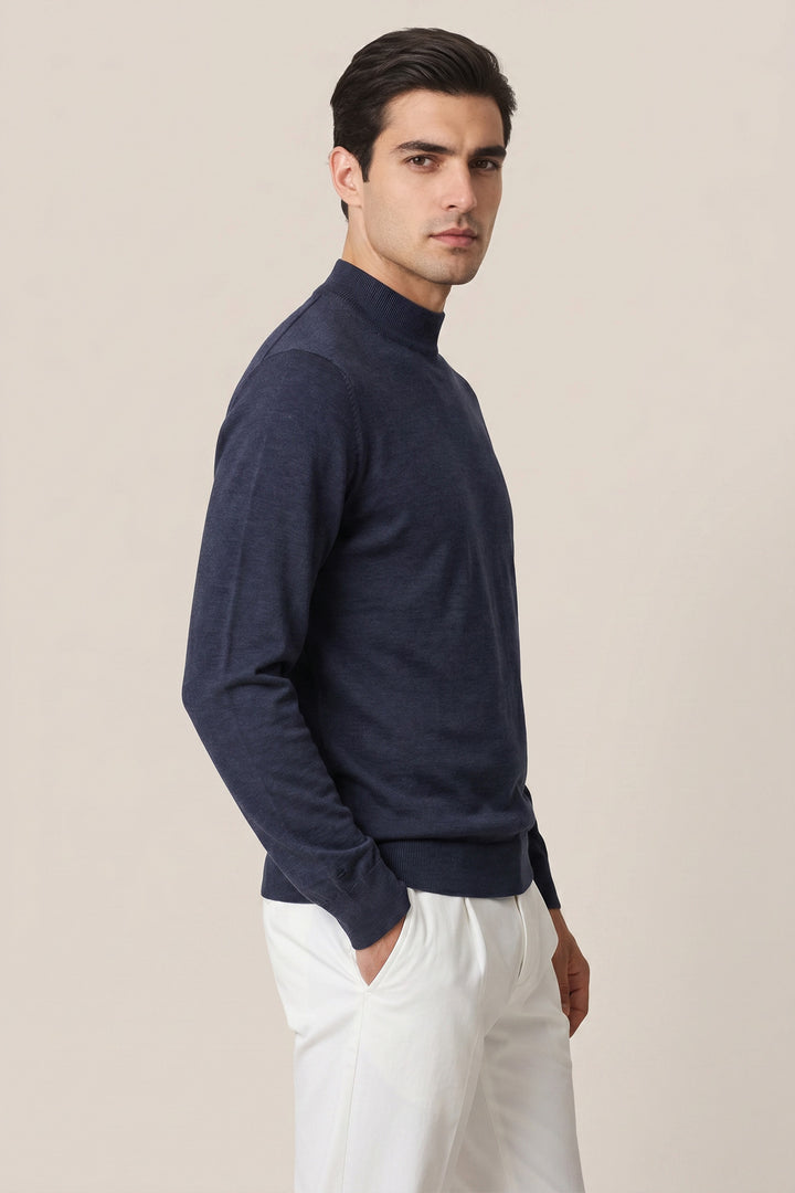 Merino Mock Neck Pullover - Navy